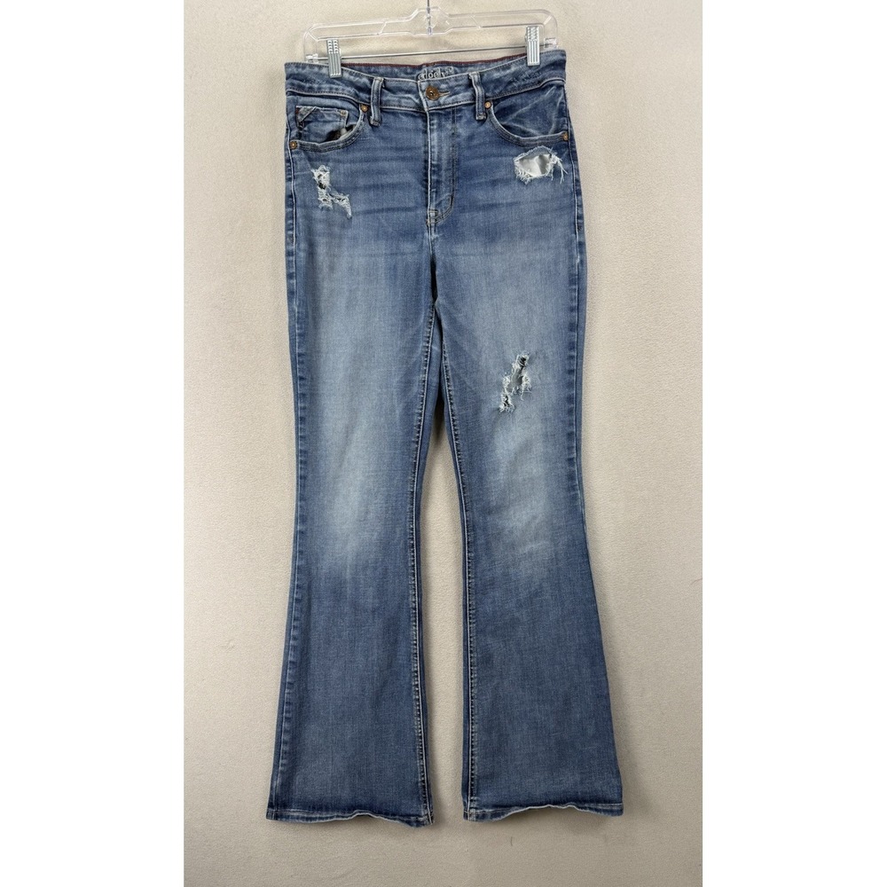 Edgely Women's 12 Long High Rise Flare Jeans Distressed Blue Denim‎ Boho